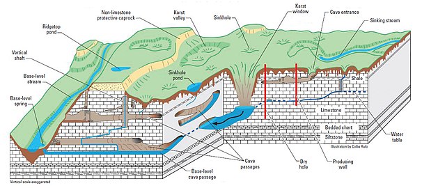 A geological cross section of a landscape that shows the hydrological features of Karsk topology.