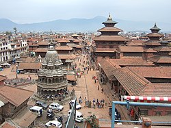 Bird's eye view of the Patan Durbar Square. It has been listed by UNESCO as a World Heritage Site. Lalitpur Skyline with Jugal Himal in background