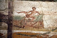 Fresco depicting cunnilingus. Suburban baths, Pompeii. 62 to 79 CE