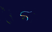 A map of a tropical cyclone taking a track through Fiji that resembles an S.