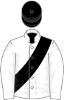 WHITE, black sash and cap