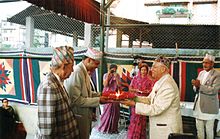 Dinesh Adhikari accepting Madan Puraskar, 2056 B.S. for Atirikta Abhilekh (1999)