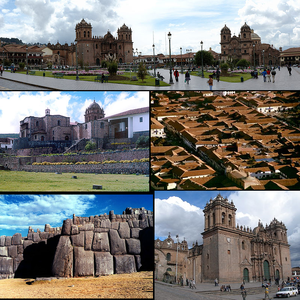 Top: Plaza de Armas, Middle left: Temple of Coricancha, Middle right: Aerial view of Cusco, Bottom left: Sacsayhuamán, Bottom right: Cathedral of Cusco
