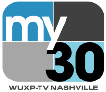 A rounded rectangle divided into blue and gray parts with the word "my" in white and a black "30" in the lower right. Underneath is the text "W U X P TV Nashville".