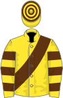 Yellow, brown sash, hooped sleeves and cap