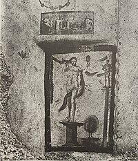 A fresco of Venus and Priapus. Above them is a landscape. House at I. 62 - 79 CE