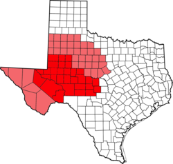 West Texas counties in red; counties sometimes included in West Texas in pink