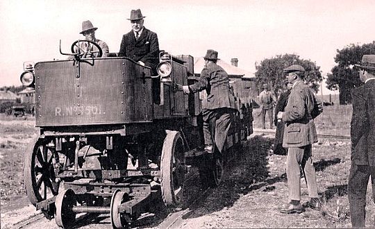 Prototype no. R1501 being demonstrated to Sir William Hoy, seated next to the driver, at Canada Junction, August 1920