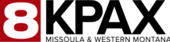 A white 8 in a red square to the left, with two lines of black lettering: the top line has "KPAX" in a large, bolded serif, and the bottom line has "MISSOULA & WESTERN MONTANA" in a smaller, thin serif.