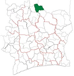 Location in Ivory Coast. Ouangolodougou Department has retained the same boundaries since its creation in 2008.