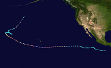 A track map of a hurricane over much of the Pacific Ocean. It is generally westward at first, except for two brief northwest turns early in the system's life. It then gradually curves into a more prolonged northwestward motion, which ends with an abrupt turn to the east as it slows down greatly. A hairpin turn results in the system resuming a northwestward trajectory; finally, it turns northeastward and accelerates, meeting its demise over the far northern Central Pacific basin.