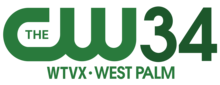 The CW network logo in green next to a green 34 in a sans serif. Below and in a smaller typeface are the words "W T V X • West Palm".