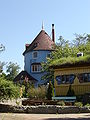 The Moomin house (in the background, blue) and Hemul's house (yellow, on the right)