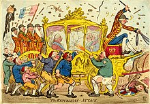 George's carriage is stoned and attacked by club-wielding Republican protesters, one breaking the window with a blunderbuss blast. A French Republic tricolour emblazoned "PEACE and BREAD" flies in the background. William Pitt is the coachman and the horses have trampled Britannia