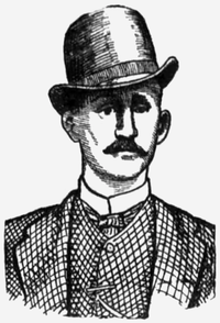 A black and white portrait illustration of a man with a mustache wearing a bowler hat and checked suit