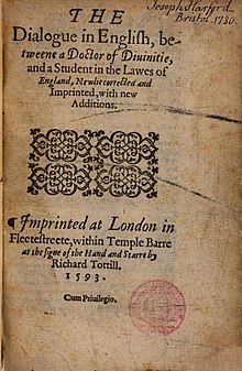 Cover page of a 1593 edition of The Doctor and Student, printed by Richard Tottel.