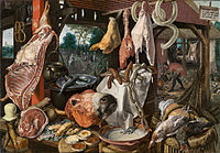 Pieter Aertsen, A Meat Stall with the Holy Family Giving Alms (1551), 123.3 × 150 cm (48.5 × 59")