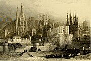 Entrance to Burgos by Scottish David Roberts in 1838 in the work Picturesque views in Spain and Morocco. The Cathedral is seen at background.