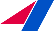 A red triangle and blue parallelogram arranged as to form an abstract numeral 4