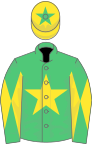 Emerald green, yellow star, diabolo on sleeves, yellow cap, green star