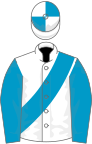 White, turquoise blue sash and sleeves, quartered cap