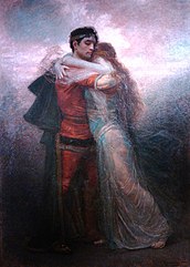 Painting of a man and woman embracing against a backdrop of distant light.