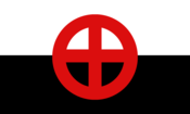The "ensign" of the Canadian Nationalist Party, in practice its second party flag. It is a white (top) and black (bottom) bicolour charged with a red cross within a red circle in the centre.