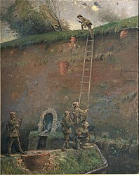 The painter George Edmund Butler's oil painting The Scaling of the Walls of Le Quesnoy. The New Zealand troops' last major action of the First World War was the capture of Le Quesnoy in November 1918, a week before the armistice. They scaled ladders set against the ancient walls of the old fortress town.