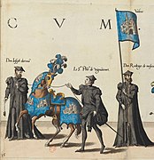 Banners with the arms of Valencia in the funeral. Jérôme Cock, Funerals of Charles V, Antwerp, Cristóbal Plantino, 1559.