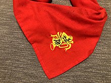 A photo of a Red Scout Scarf with an embroidered gold emblem