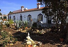 A picture of a garden in front of a white building, with a tree in the foreground on the right-hand side of the picture