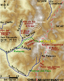 A topographic map of the area surrounding the plane crash site with Parrado and Canessa's route marked