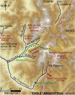 A topographic map of the area surrounding the plane crash site with Parrado and Canessa's route marked