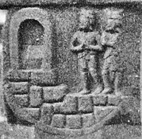 Visit of Indra to the Indrasala cave. The Buddha is symbolized by his throne in the cave (Mahabodhi Temple, Bodh Gaya, circa 150 BCE).