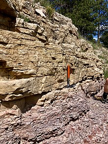 The pale pink shaley Englewood Fm (De) shades gradationally into the blocky, creamy-white Pahasapa Fm (Mp), over a range of about two feet of vertical thickness. A rock hammer is propped against the outcrop for scale.