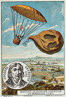 From the 1890s set. Note that the balloon is actually below the parachute, which would be a serious safety hazard. If a large object becomes entangled in a parachute it can cause the parachute to collapse.