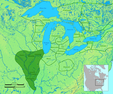 Image showing a picture of the tribal territory of illinois at around 1700AD, with michigamea near the bottom of the picture
