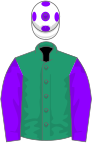 Emerald green, violet sleeves and spots on white cap