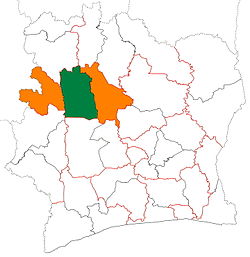 Location of Worodougou Region (green) in Ivory Coast and in Woroba District