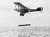 An aerial torpedo is dropped from a Sopwith Cuckoo during World War I.