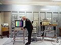 Image 14A color television test at the Mount Kaukau transmitter site, New Zealand in 1970. A test pattern with color bars is used to calibrate the signal. (from Color television)