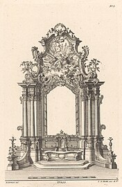 Rococo reinterpretations of the Corinthian order in an altar design, with asymmetric capitals and more sinuous S-shaped acanthuses, by Franz Xaver Habermann, 1740-1745, etching on paper, Rijksmuseum