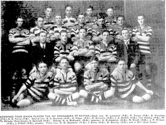 Poverty Bay and Hawkes Bay Combined Team to play South Africa in 1921. Te Whata is standing in the second row, second from the right.