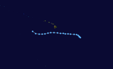 A track map of the westward path of a tropical depression over the Central Pacific Ocean, just south of Hawaii