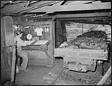 A mine car is weighed in a Kentucky coal tipple in 1946, before the coal is dumped into a railroad car.
