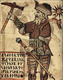 Þórr with his hammer, Mjöllnir; his gloves, Járngreipr; and his belt, Megingjarðar, as described in Gylfaginning in Snorri's Edda.