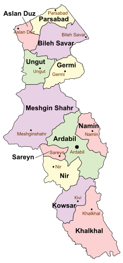Location of Kowsar County in Ardabil province (bottom, purple)