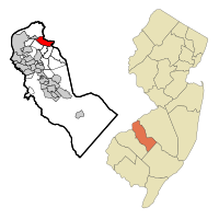 Location of Cherry Hill in Camden County highlighted in red (right). Inset map: Location of Camden County in New Jersey highlighted in orange (left).