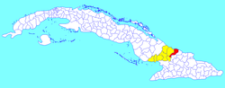 Jesús Menéndez municipality (red) within Las Tunas Province (yellow) and Cuba