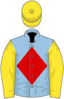 Light blue, red diamond, yellow sleeves and cap